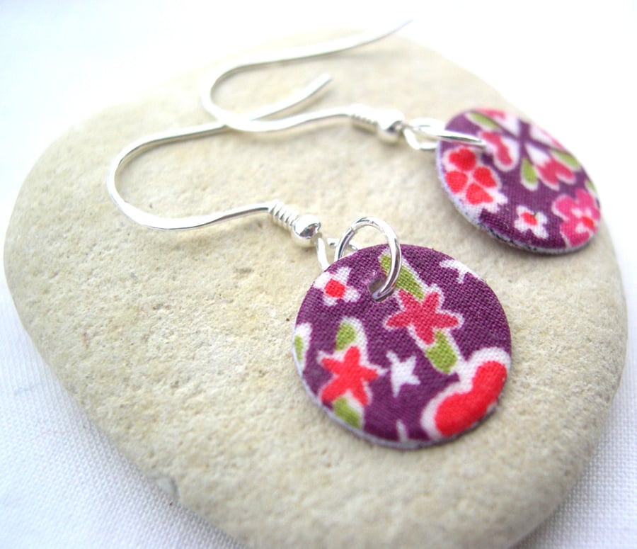 Unusual Gift Sterling Silver Hardened Liberty of London Fabric Disc Earrings