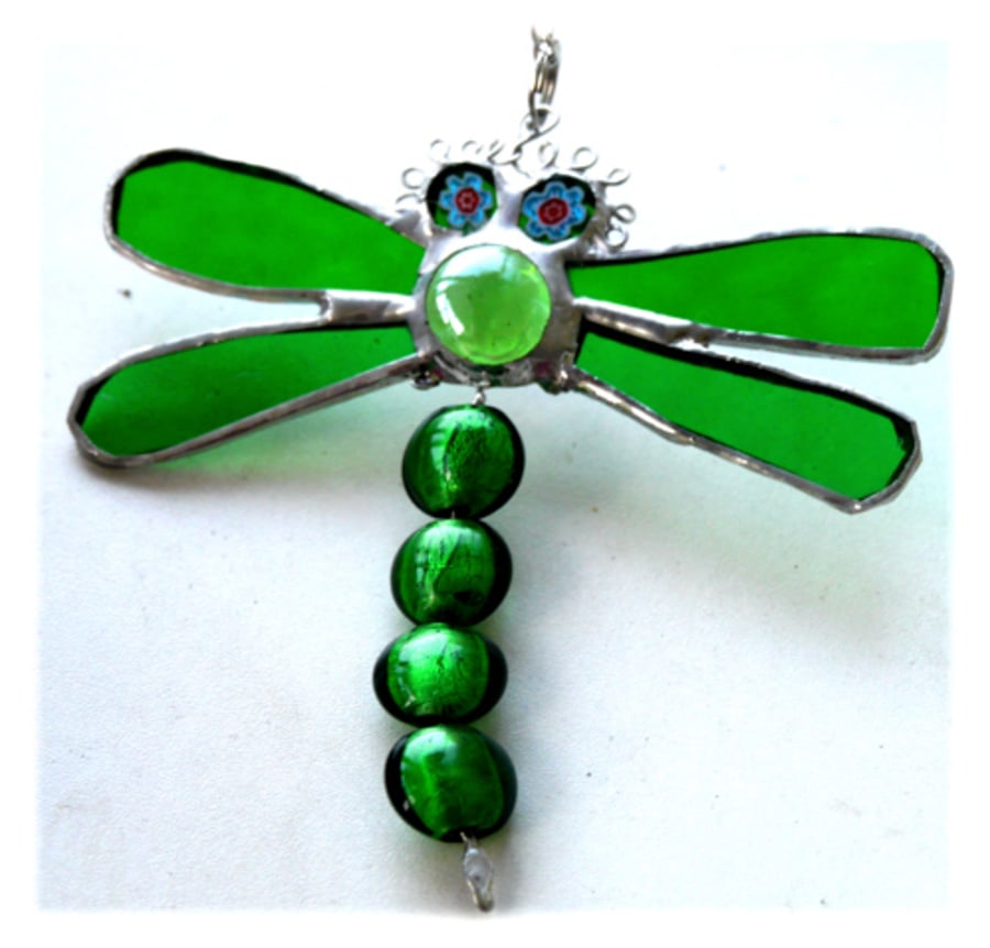 Dragonfly Suncatcher Stained Glass Green Bead-Tailed 039