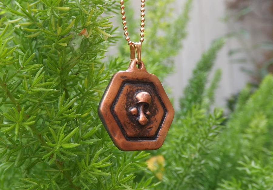 Recycled Copper Mushroom Framed Pendant Necklace.