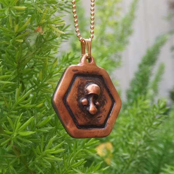 Recycled Copper Mushroom Framed Pendant Necklace.
