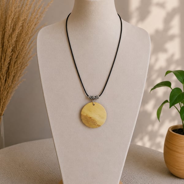 Upcycled Round Wood Pendant Necklace Hand-Finished Reclaimed Wood Jewellery