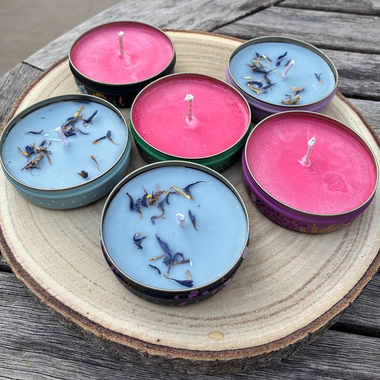 Set of Six Soy Travel Candles in Decorative Tins -  Lavender and Cotton Scent