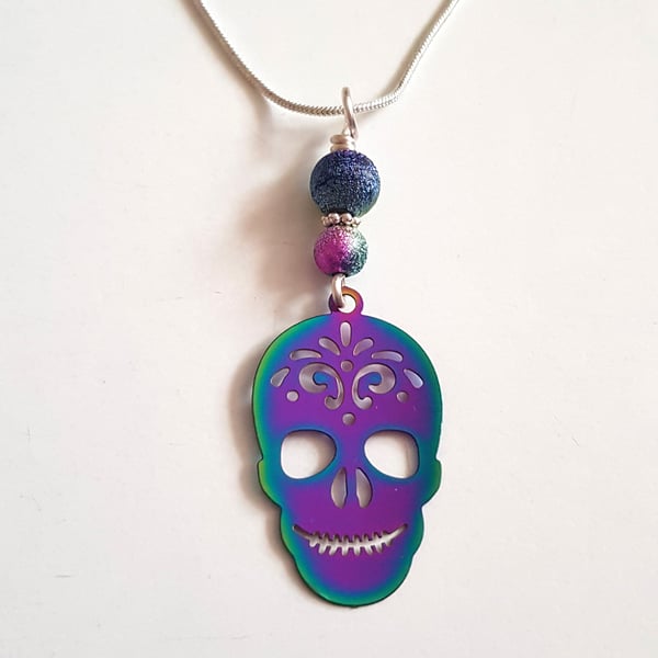 Rainbow Skull Necklace - Colourful Steel Skull Pendant with Glitter Beads