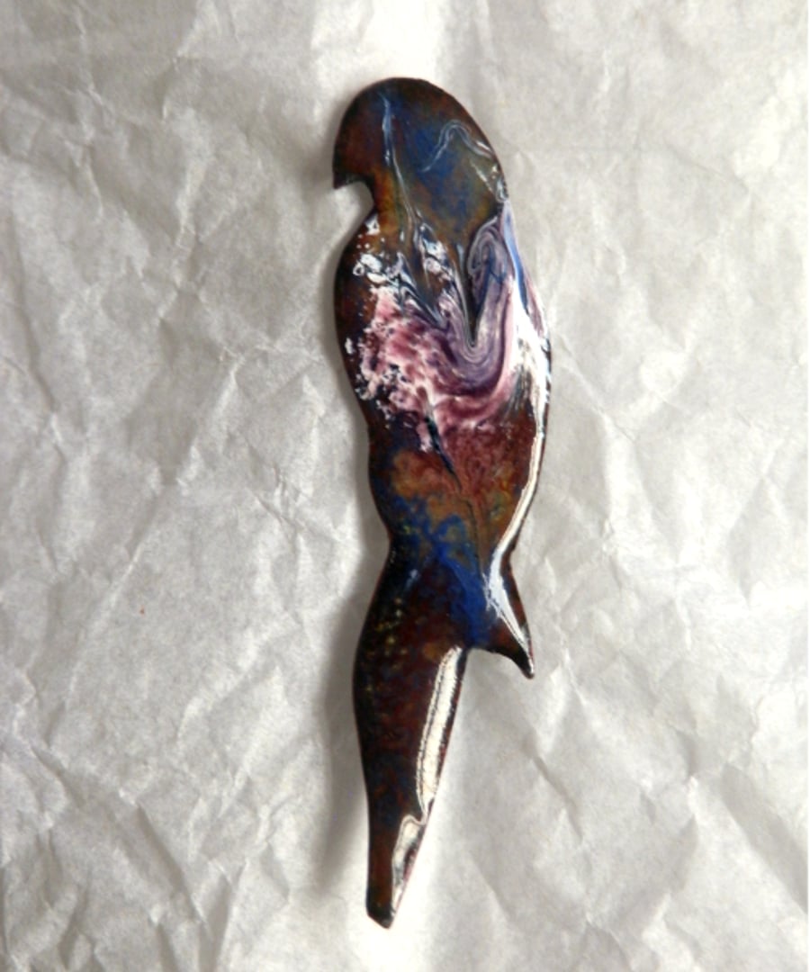 blue, orchid, white, brown scrolled on clear enamel -  parrot brooch 