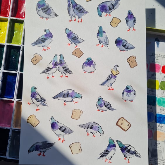 Art print funny Pigeons and Breads A4