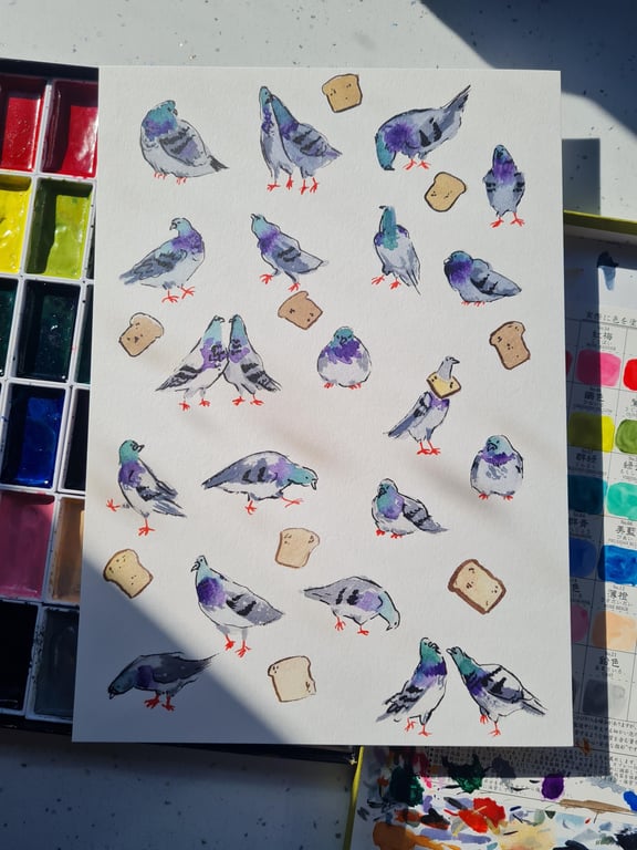 Art print funny Pigeons and Breads A4