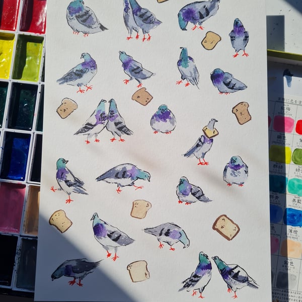 Art print funny Pigeons and Breads A4
