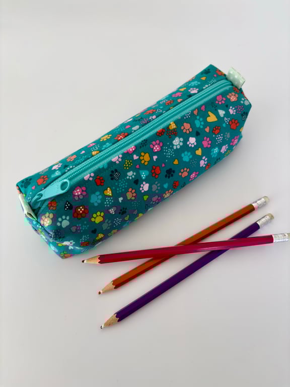 Paw print pencil case - padded zipped fabric pouch for pens, crafts, makeup