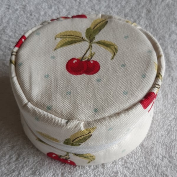 Cherry Print Round Zipped Purse.  Round Holdall. Circle Purse