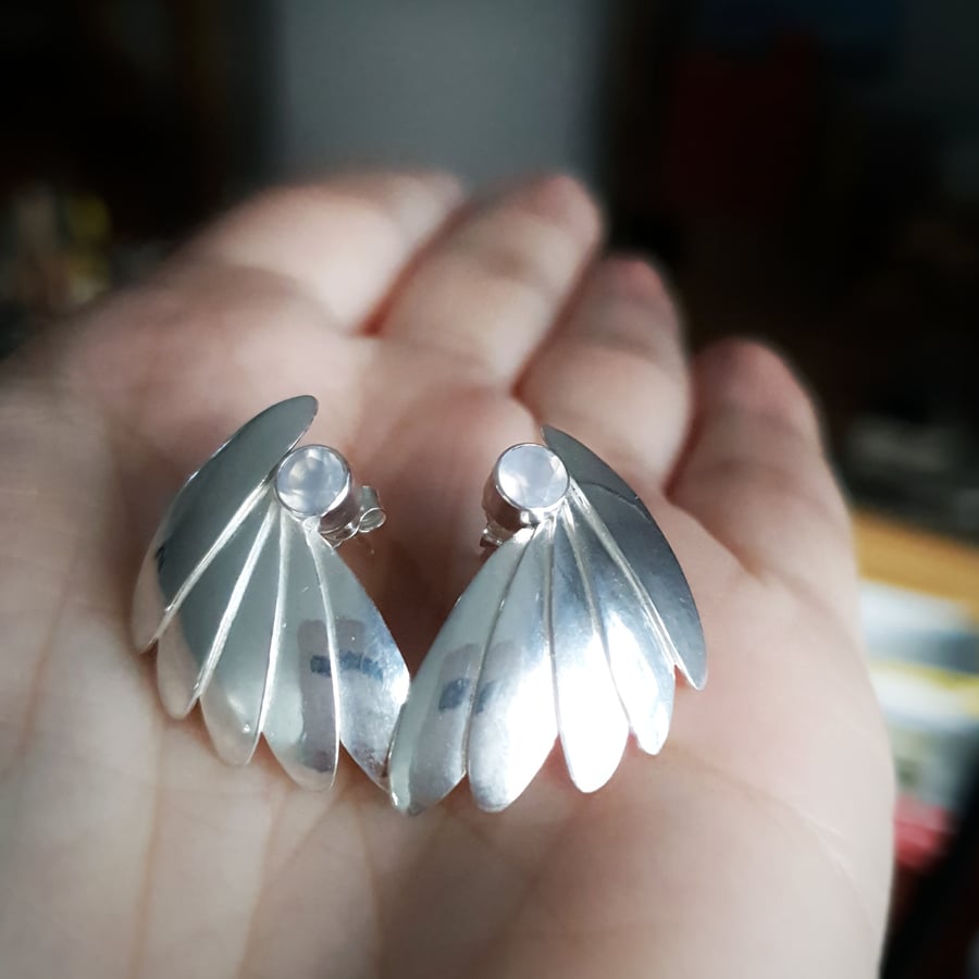 Wing or fan shaped earrings with chalcedony gemstones