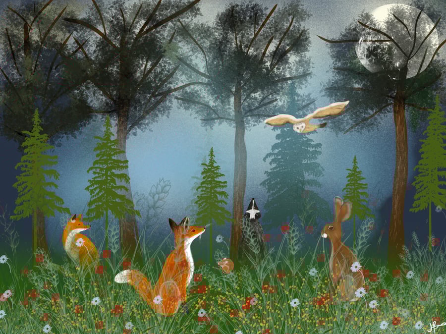 'Springtime' Hare & Fox in the meadow print
