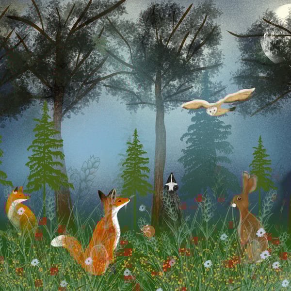 'Springtime' Hare & Fox in the meadow print