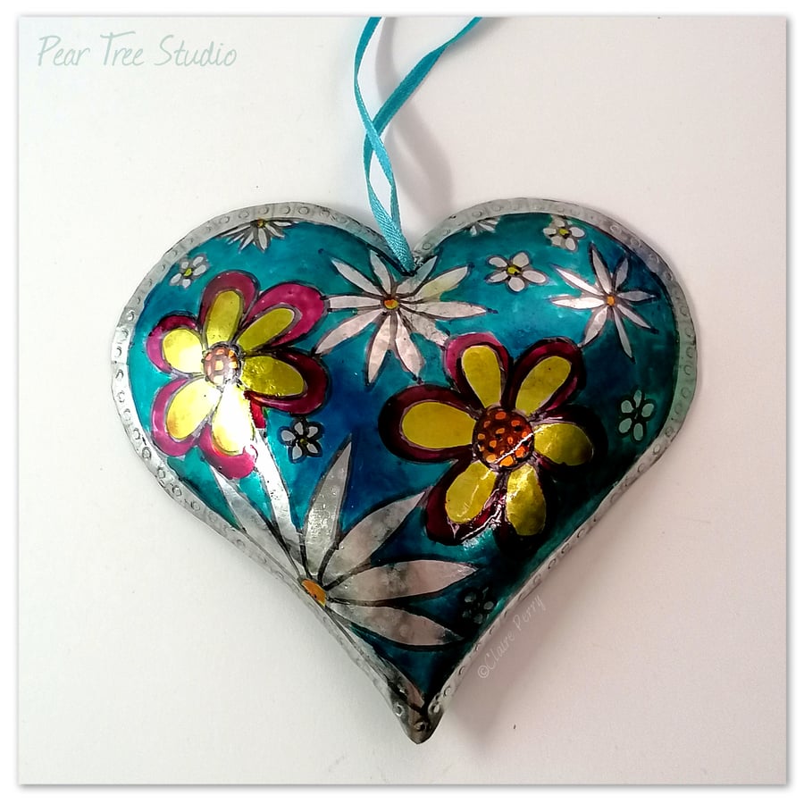 Turquoise Metal Heart decoration with flowers. Handmade. Made from a Coffee tin.