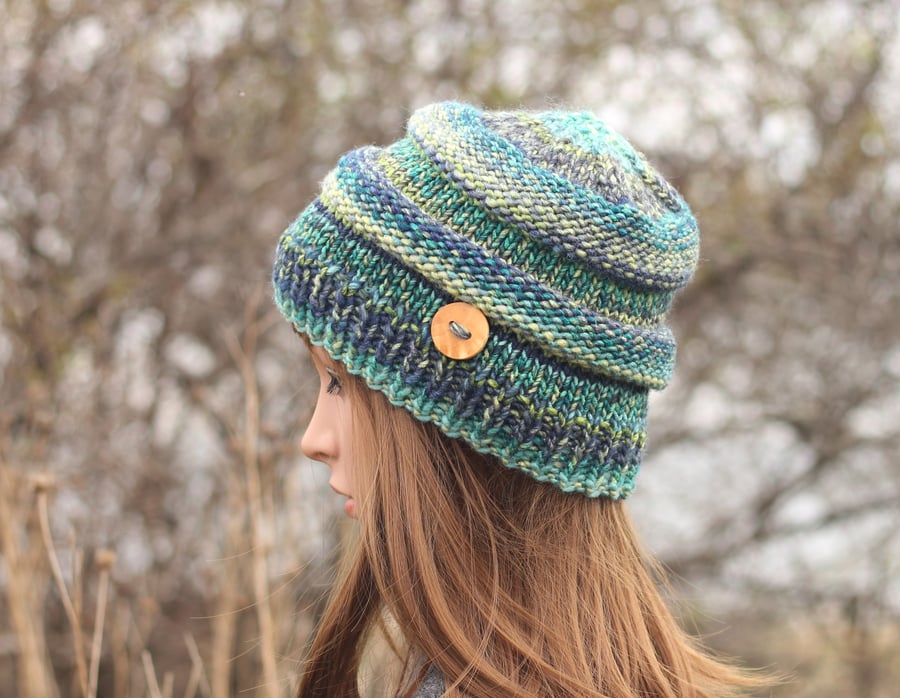 HAT knitted blue green mix, chunky autumn winter hat, women's beanie cap, gift, 