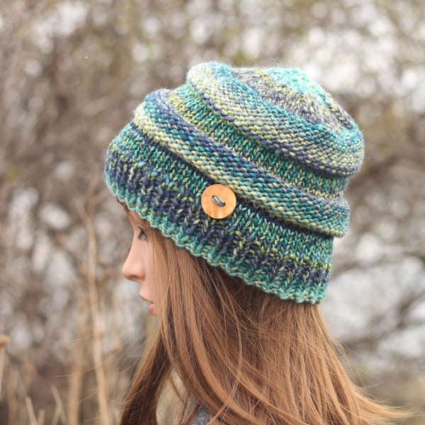 HAT knitted blue green mix, chunky autumn winter hat, women's beanie cap, gift, 