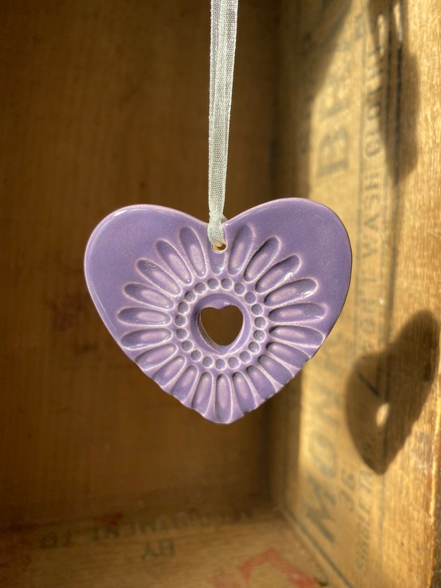 X small Pottery heart hanging decoration purple