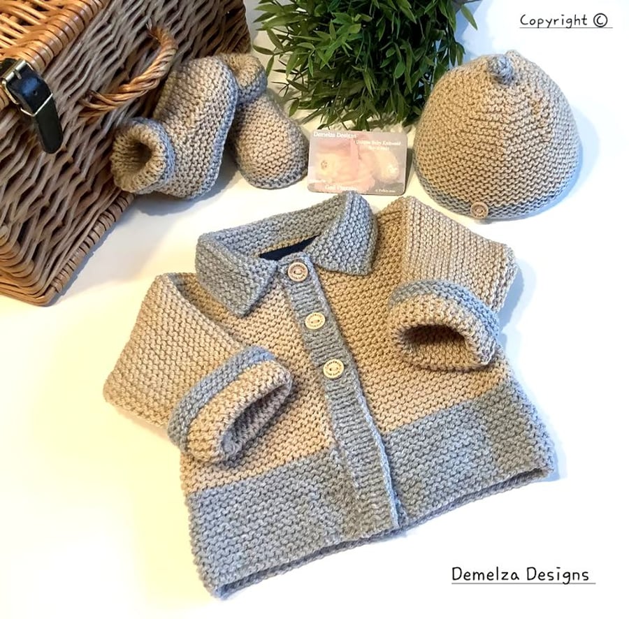 Designer Baby Boys Hand Knitted Jacket, Booties & Hat Gift Set  0-3 months size
