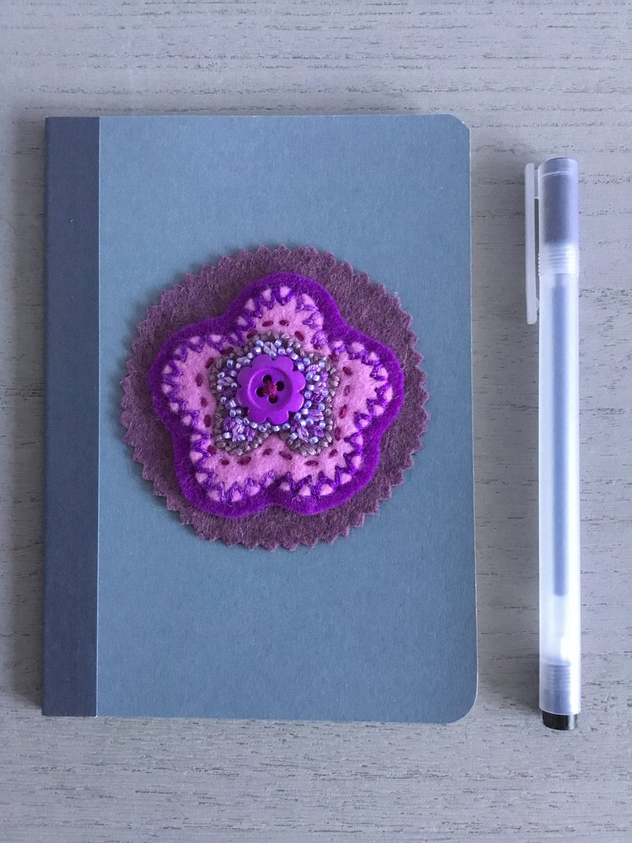 Hand Embroidered Purple Flower Notebook and Pen Set 