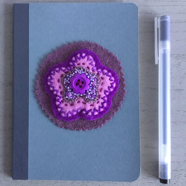 Hand Embroidered Purple Flower Notebook and Pen Set 
