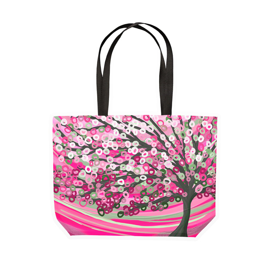 Pink& Sage Green Abstract Tree Large Shopping Tote Shoulder Bag - Whimsical Roma
