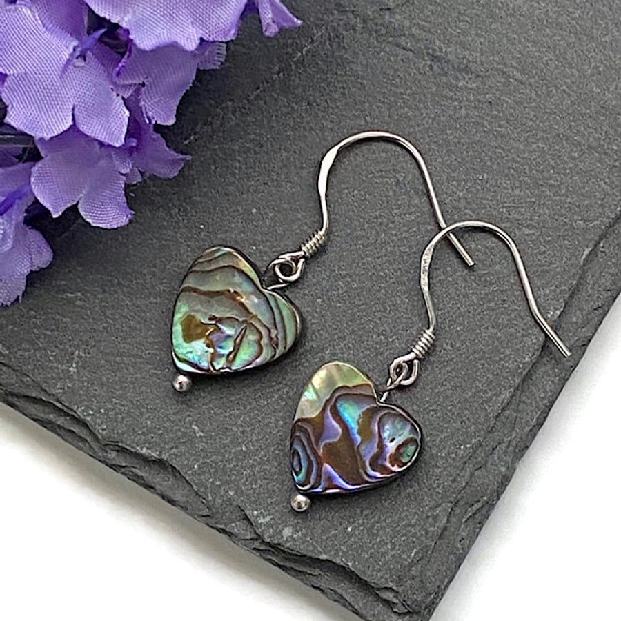 SALE - Sterling Silver Abalone Heart Earrings