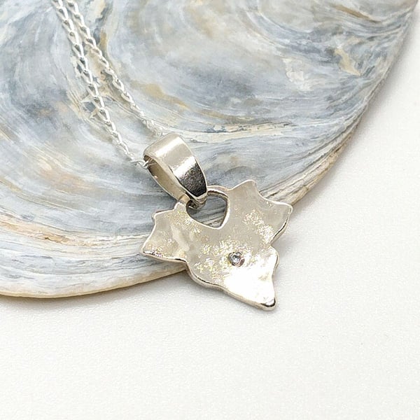 Frosted Ivy Leaf Necklace , Sterling Silver 925 with set Cubic Zirconia 