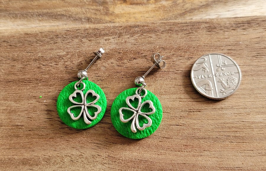 Polymer Clay Lucky Four Leaf Clover Earrings, 316 Surgical Stainless Steel