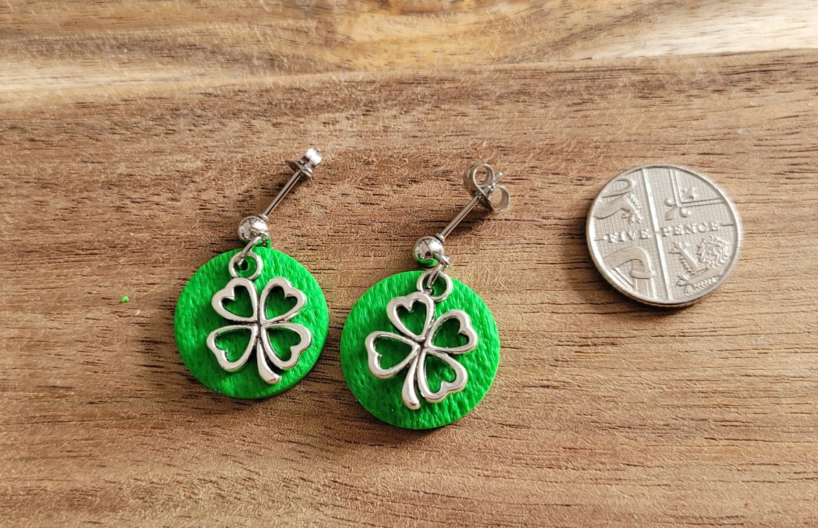 Polymer Clay Lucky Four Leaf Clover Earrings, 316 Surgical Stainless Steel