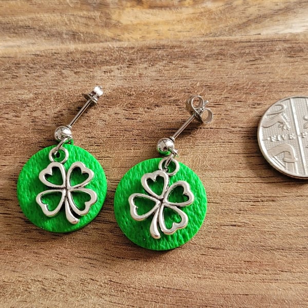 Polymer Clay Lucky Four Leaf Clover Earrings, 316 Surgical Stainless Steel