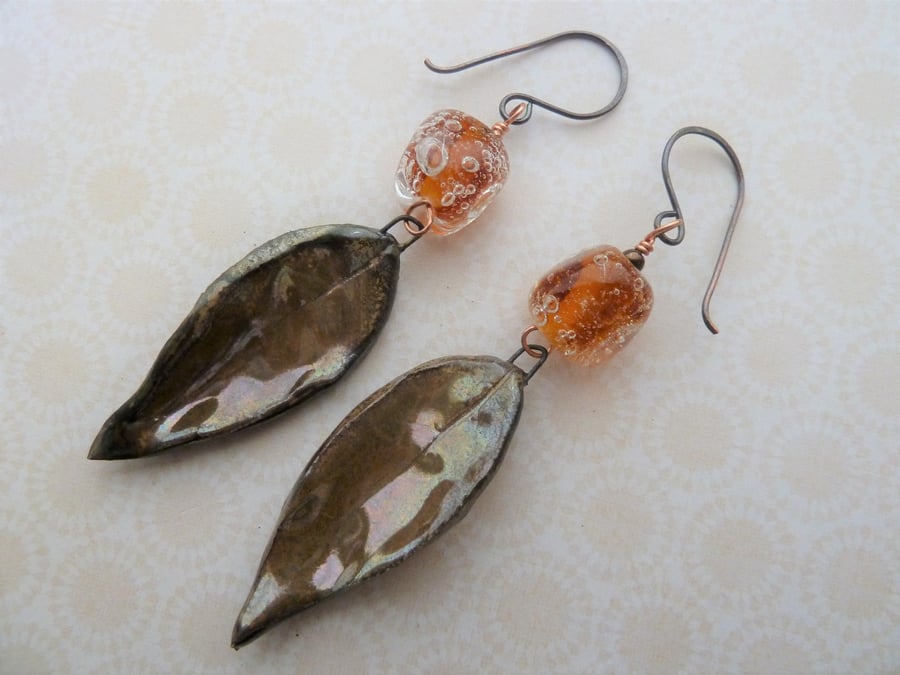 golden leaves copper, lampwork and ceramic earrings