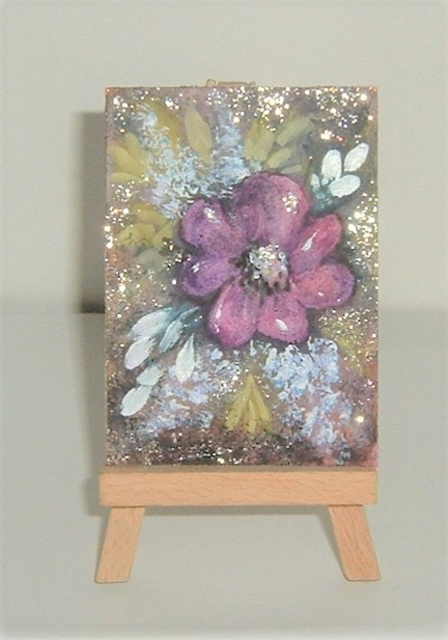 original art floral glitter painting aceo ( ref F 342)