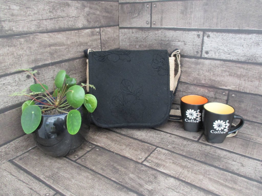Upcycled Coffee Sack - Crossbody Shoulder Bag - Black Embossed Fabric