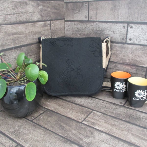 Upcycled Coffee Sack - Crossbody Shoulder Bag - Black Embossed Fabric