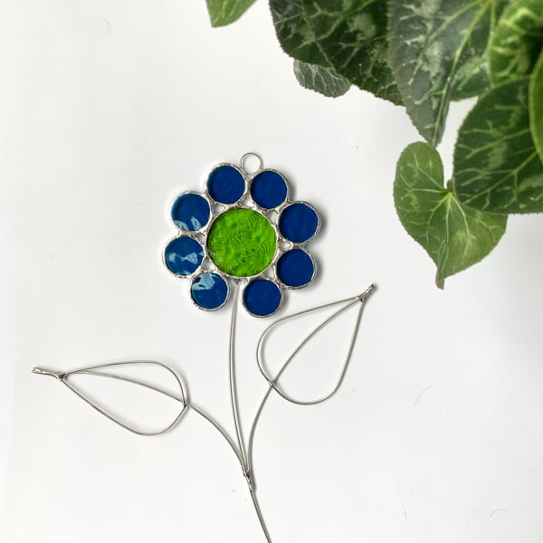 Stained Glass Bubble Daisy Suncatcher - Handmade Decoration - Turquoise and Lime