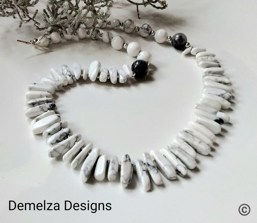 Statement White Howelite & Rutile Quartz Necklace Silver Plated ONE OFF