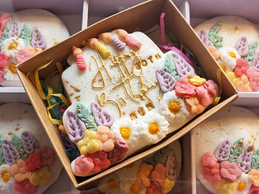 Hand Decorated Birthday Cake Biscuit, Personalised Letterbox Gift 