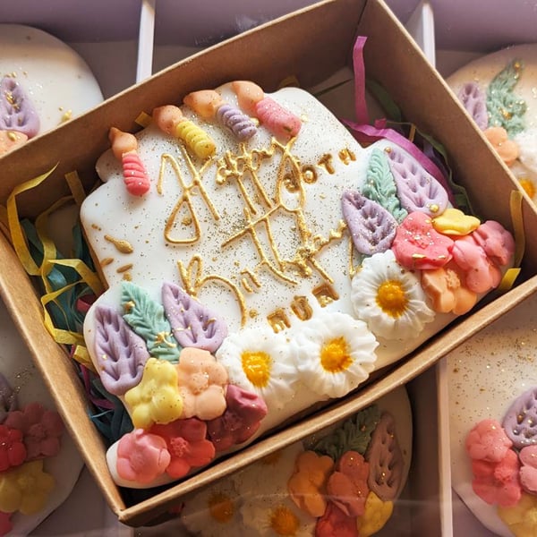 Hand Decorated Birthday Cake Biscuit, Personalised Letterbox Gift 