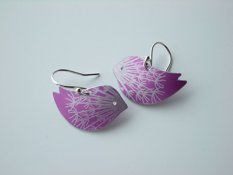 Bird earrings with dandelion clock seed print in pink and silver