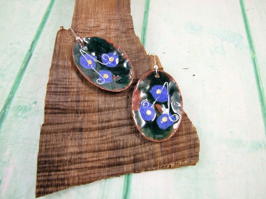 Forget me not Earrings, Enamelled Copper with Sterling Silver, Blue and Green