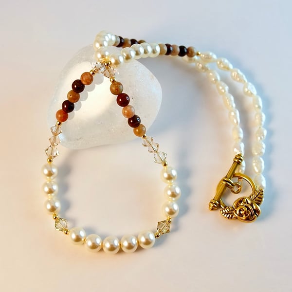 Swarovski Pearl & Crystal Necklace with Freshwater Pearls, Jasper & Agate Beads.