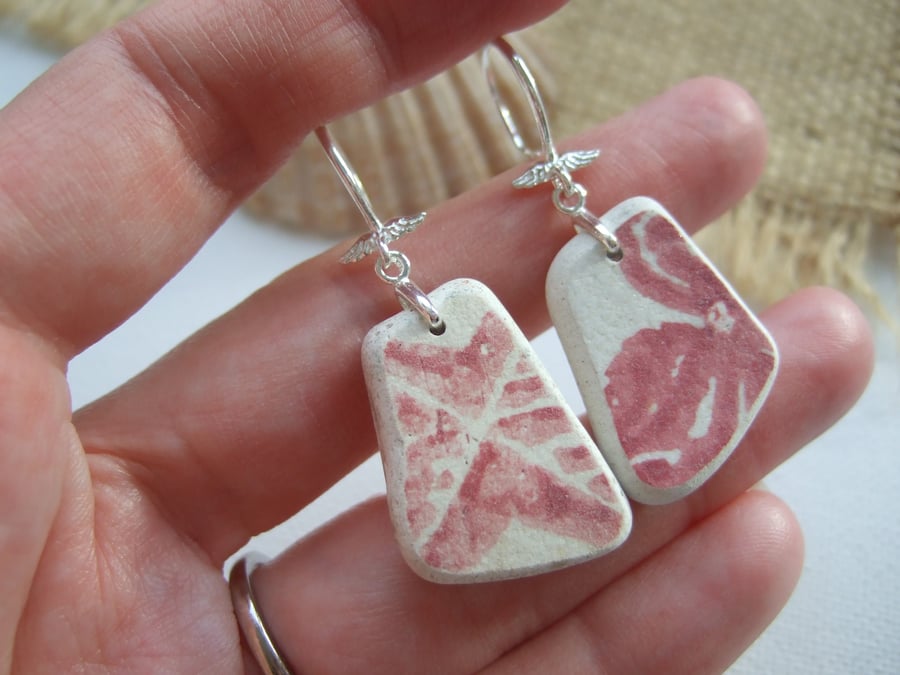 Scottish sea pottery red jewellery, Sterling Silver Wave Hooks, Angel Wings