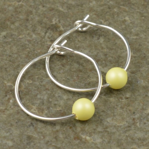 Boho Pastel Yellow Swarovski Crystal Pearl 15mm Sterling Silver Hoop Earrings