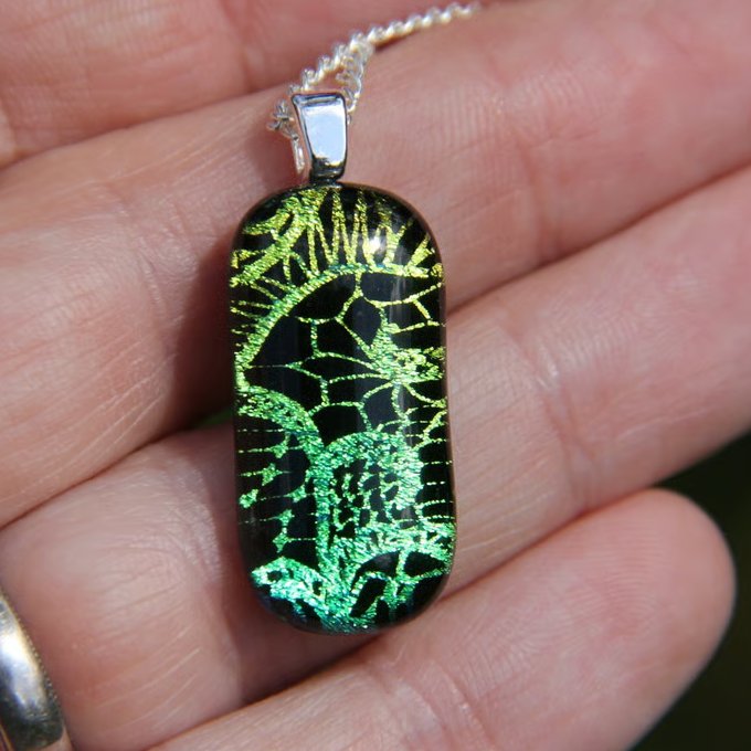 Gold Green Lace Pattern Dichroic Glass Pendant:  Fused Glass Necklace F4