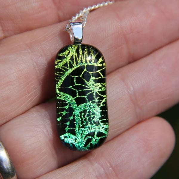 Gold Green Lace Pattern Dichroic Glass Pendant:  Fused Glass Necklace F4