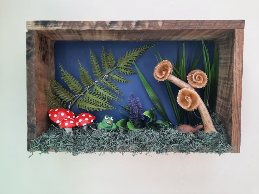 Cottage Core Mushroom decor wall art wood 3d box with fairy lights