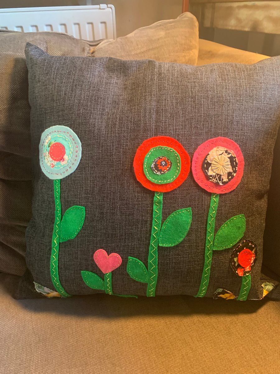 Handmade felt and fabric applique cushion cover in grey