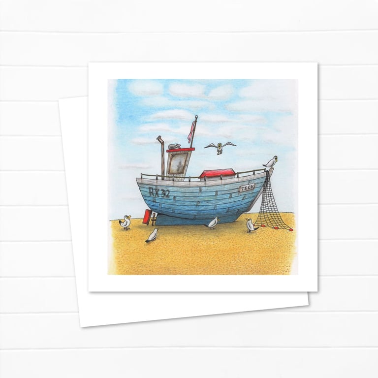 Seaside Fishing Boat Greeting Card: Hand Drawn Beach Life Illustration (809)