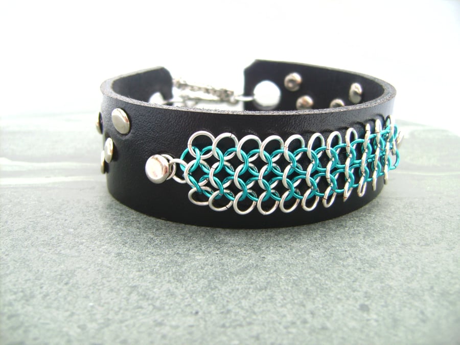 Black Leather Chainmail Bracelet Cuff