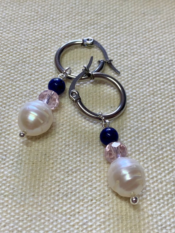Pearl, Crystal and Agate Dangle Earrings 