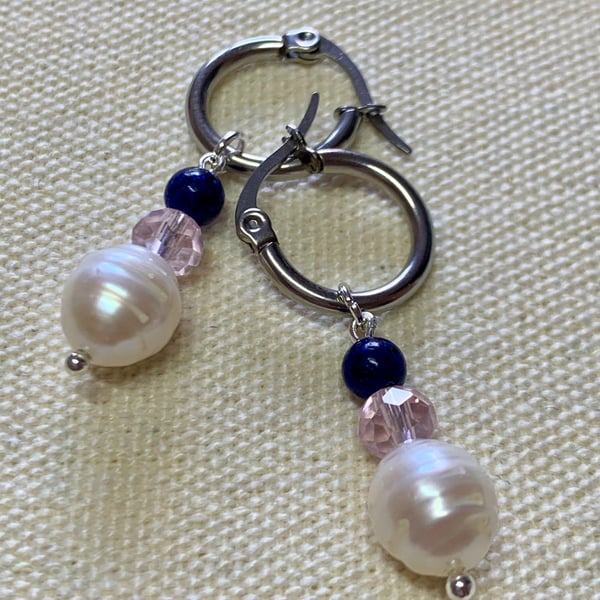 Pearl, Crystal and Agate Dangle Earrings 